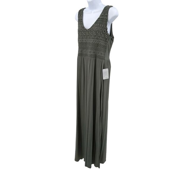 Spense Olive Green Crochet Lace Maxi Tank Dress Womens Medium V-Neck Sleeveless - Picture 3 of 14